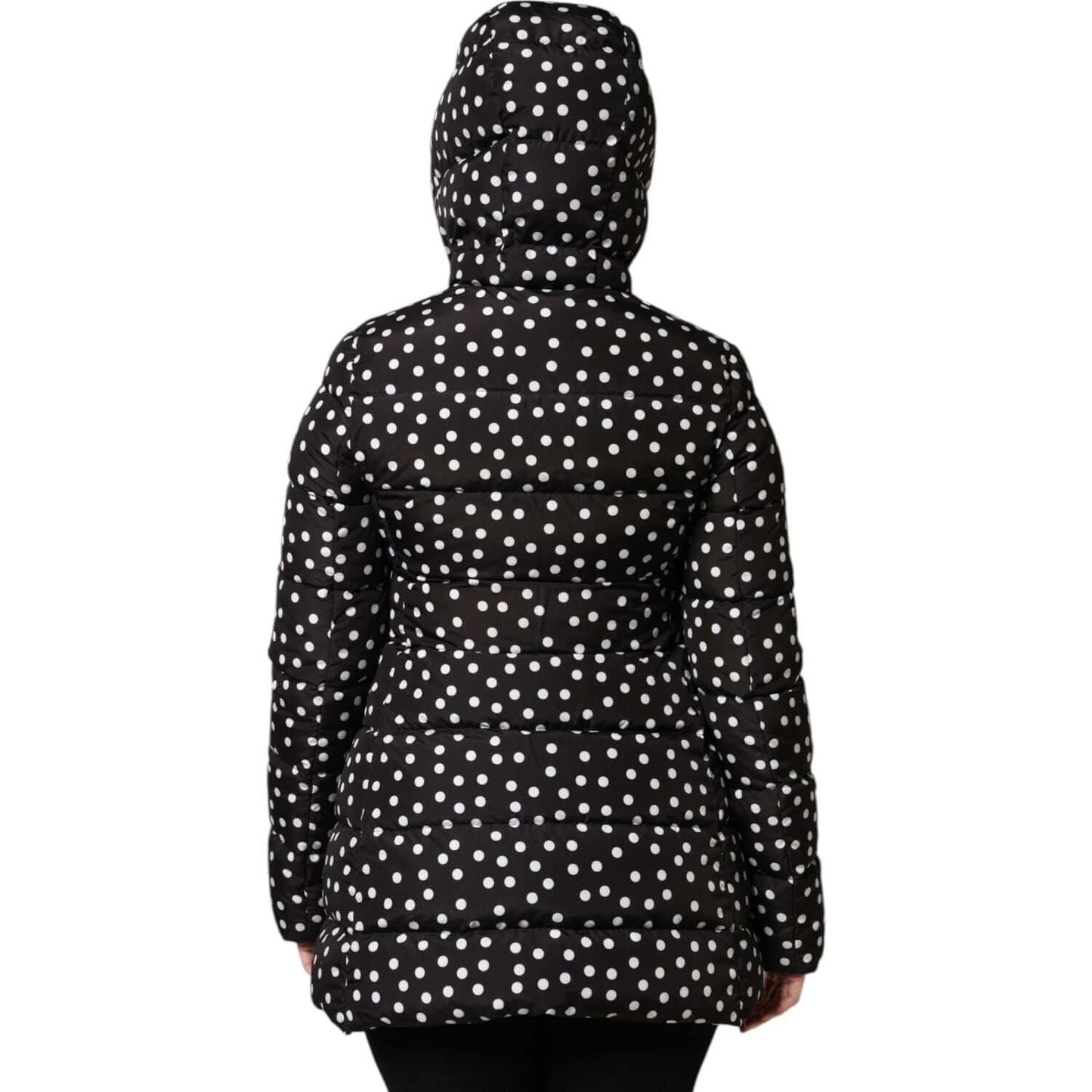 Back view of a Dolce & Gabbana black puffer hooded jacket with white polka dots, reversible design, and exclusive craftsmanship.
