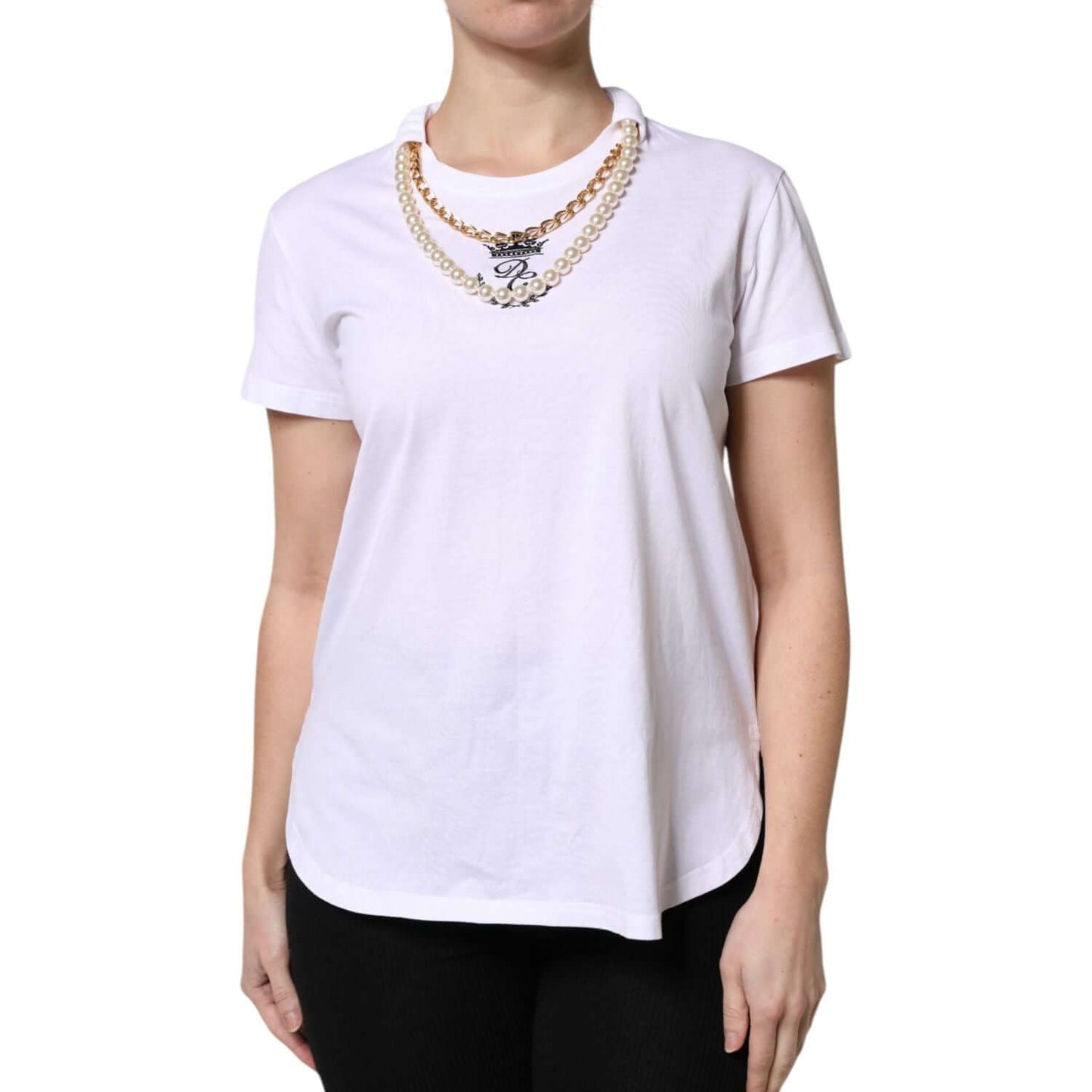 Dolce & Gabbana white cotton round neck T-shirt with logo, featuring a chain pearl detail, short sleeves. Made in Italy.