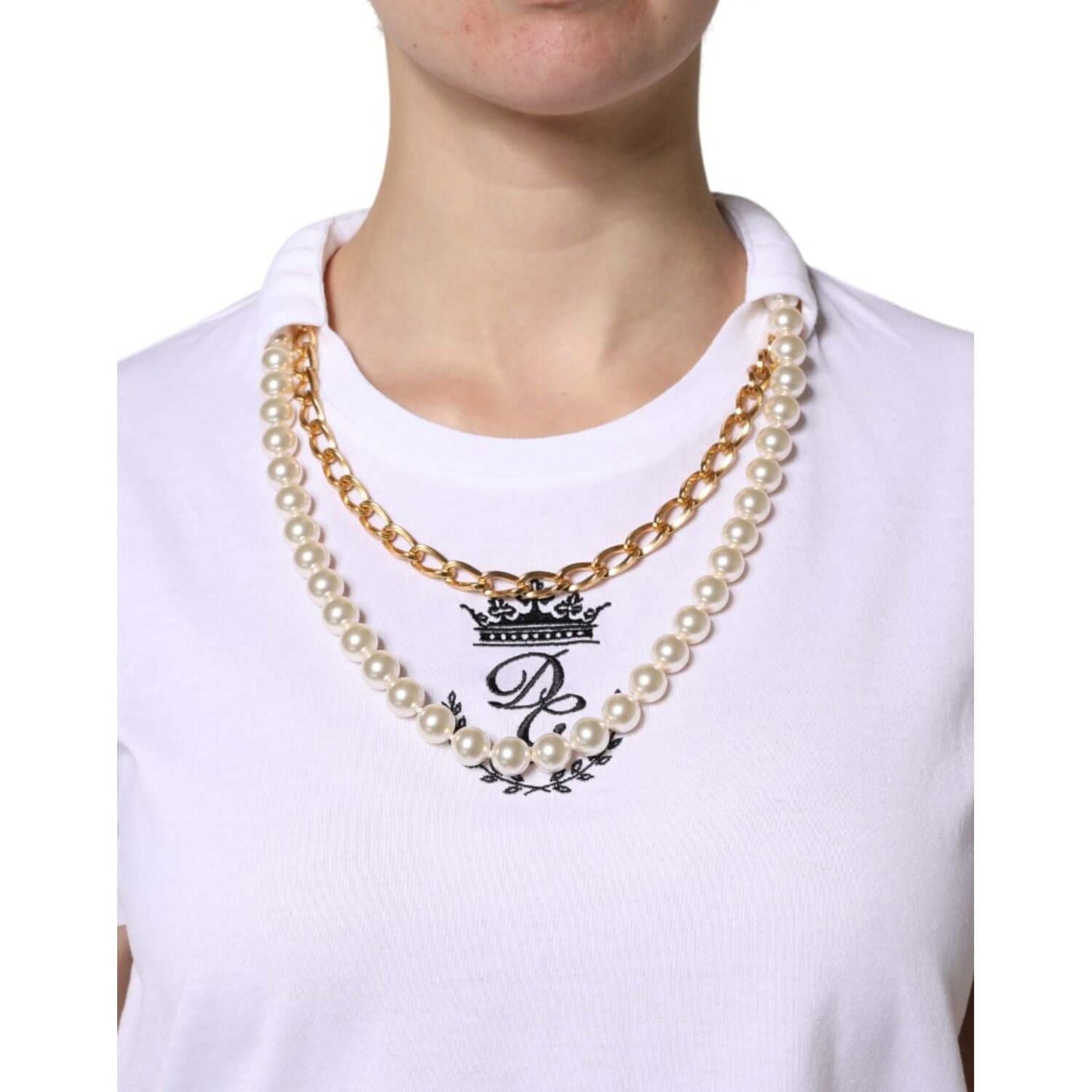 Dolce & Gabbana white cotton T-shirt with pearl and chain detail, logo design, made in Italy, round neck, luxury fashion.