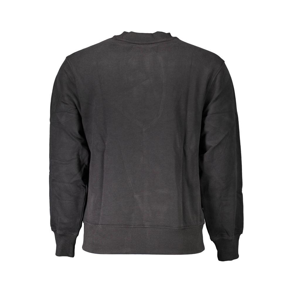 Back view of Calvin Klein black cotton men's sweater with round neck and long sleeves, crafted from 100% cotton material.