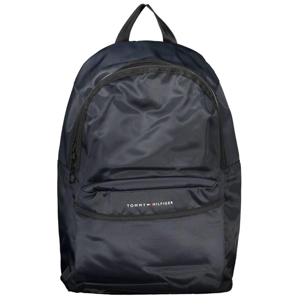 Tommy Hilfiger blue polyester men's backpack with laptop compartment and adjustable straps.