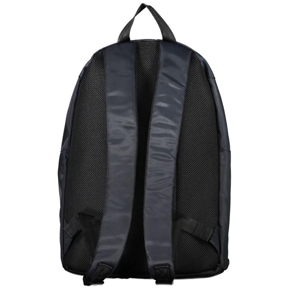 Back view of Tommy Hilfiger blue polyester men's backpack with adjustable straps and breathable mesh padding.