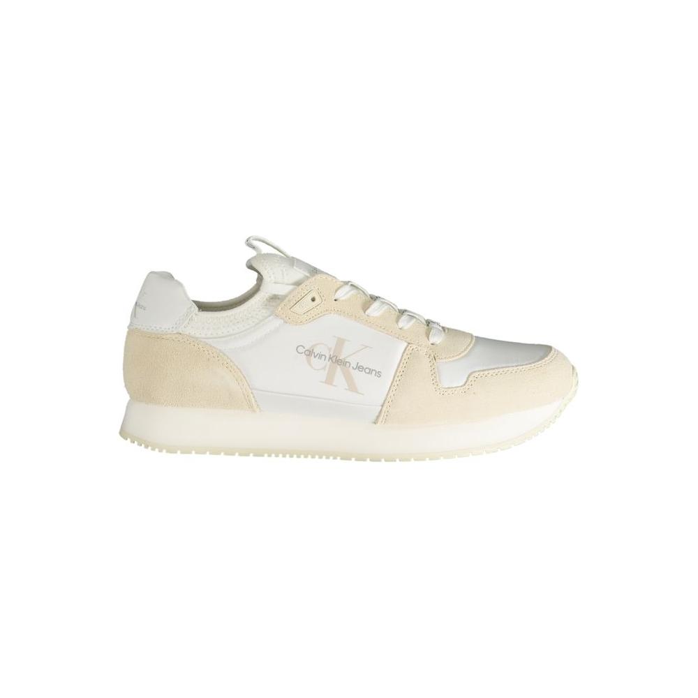 Calvin Klein white polyester sneaker with laces, contrast details, and logo, perfect for sports. Stylish and comfortable footwear.