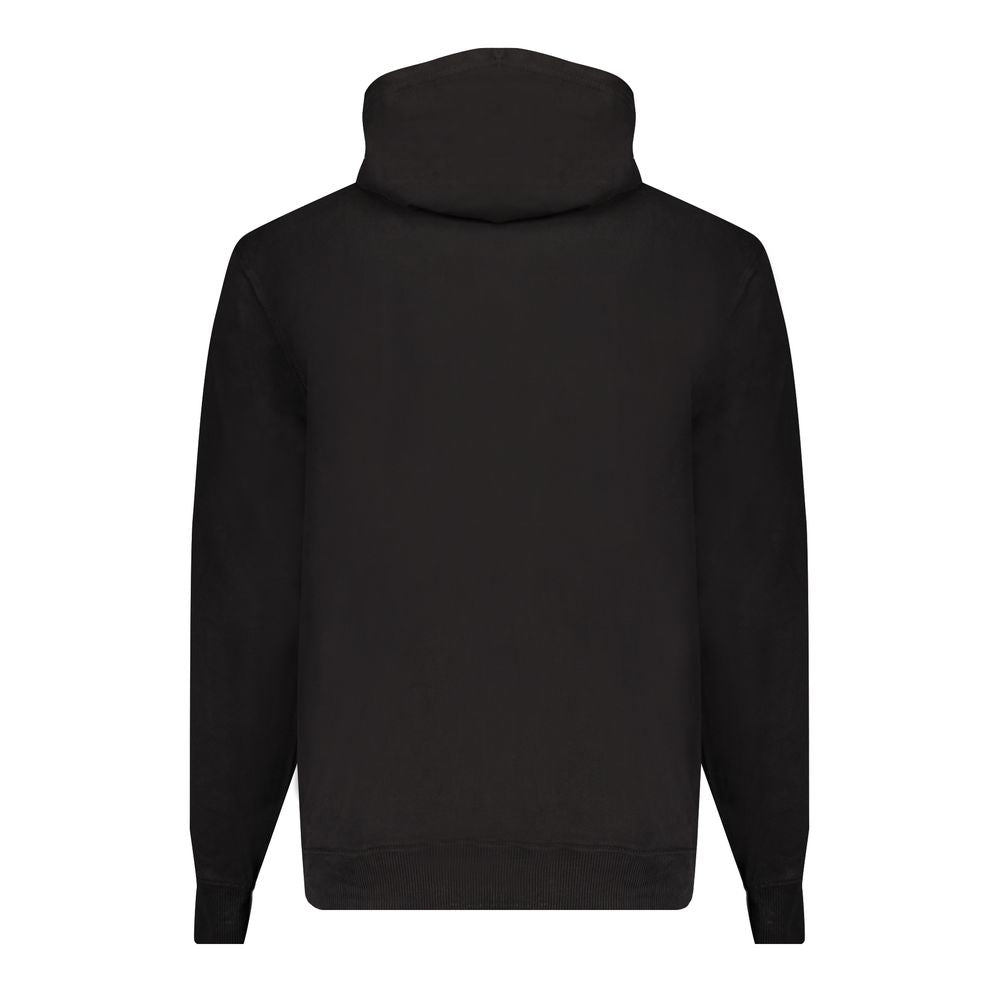 Back view of Calvin Klein black cotton sweater with hood, featuring long sleeves and central pocket, made with 50% recycled polyester.