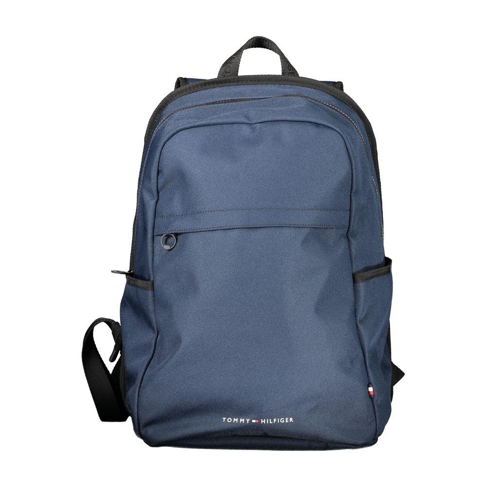 Tommy Hilfiger blue backpack with adjustable straps, external pockets, laptop compartment, and logo, made from recycled polyester.