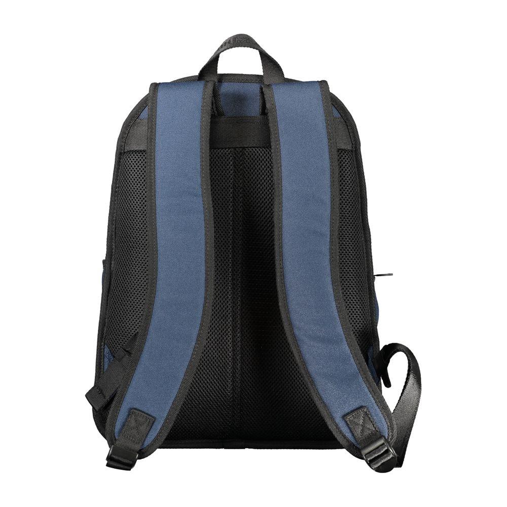 Back view of Tommy Hilfiger blue polyester backpack with adjustable straps, made from 95% recycled materials