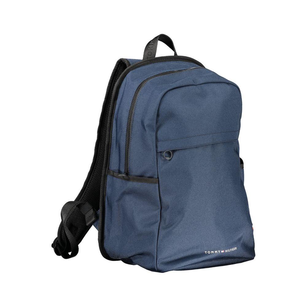 Tommy Hilfiger blue polyester backpack with adjustable straps, multiple pockets, and logo, made from 95% recycled materials.