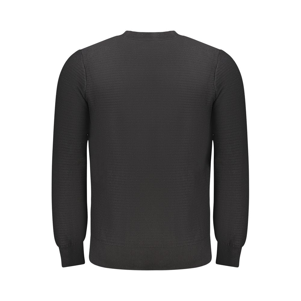 Back view of Hugo Boss black cotton men's sweater, featuring a sleek long-sleeved design with a classic crew neck.