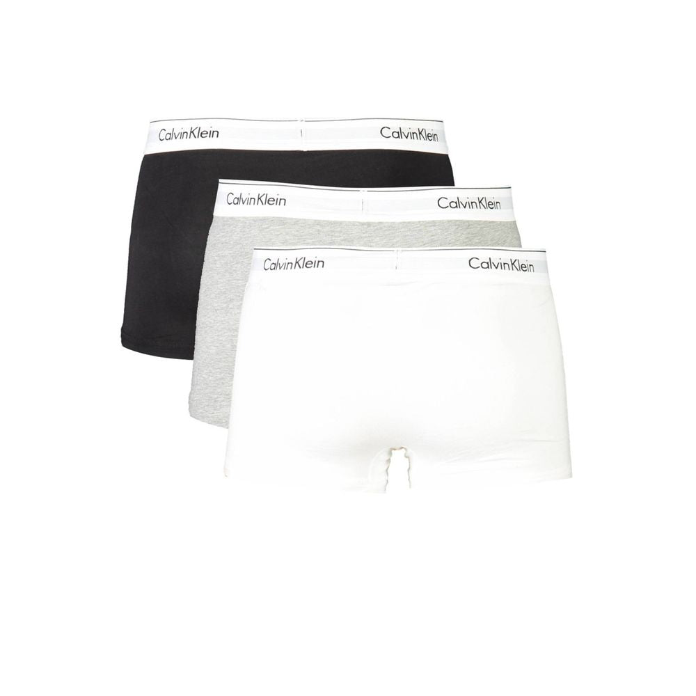 Calvin Klein men's boxers tri-pack in black, gray, and white with logo waistband