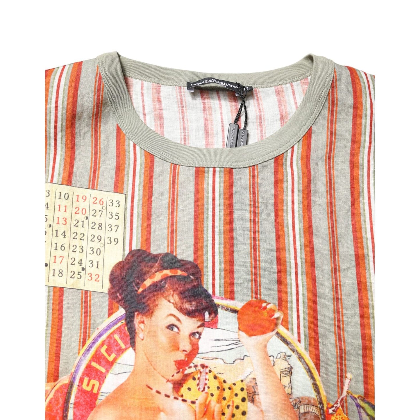 Dolce & Gabbana Multicolor Striped Graphic Linen Round Neck T-shirt