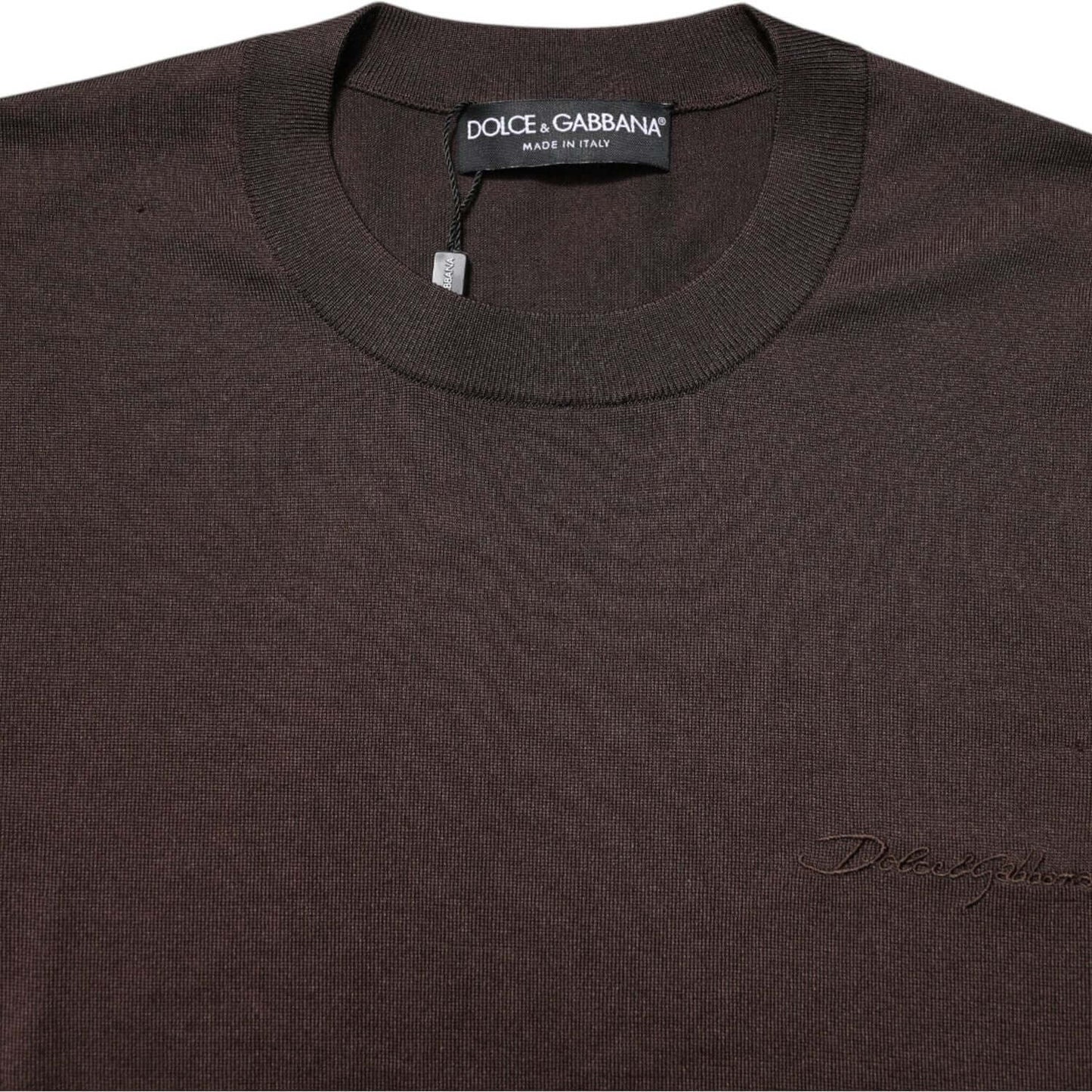 Dolce & Gabbana Brown Silk Logo Embroidery Crew Neck T-shirt TSH90516-48