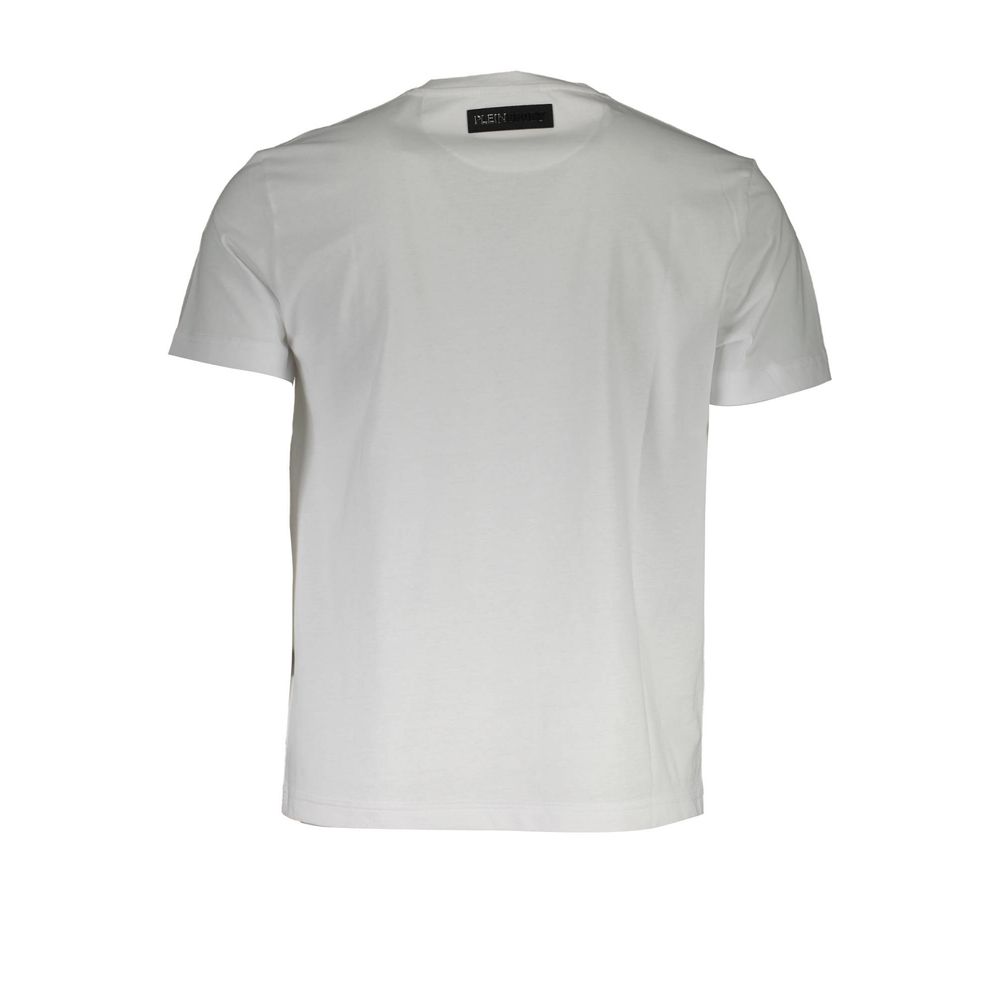 Plein Sport White Cotton Men T-Shirt with V-neck and distinctive logo, crafted for comfort and style in a crisp white hue.