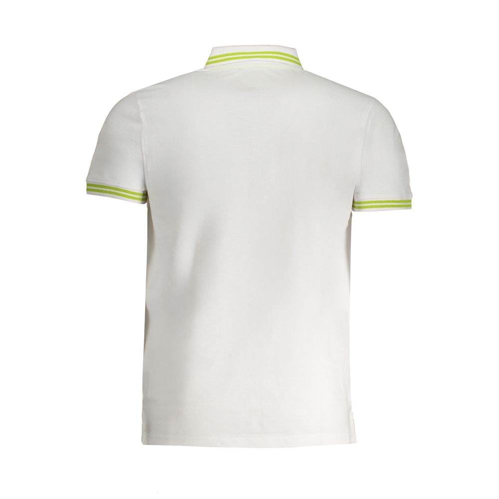 Back view of Cavalli Class White Cotton Polo Shirt with contrast details and embroidery, showcasing short sleeves and 3-button design.