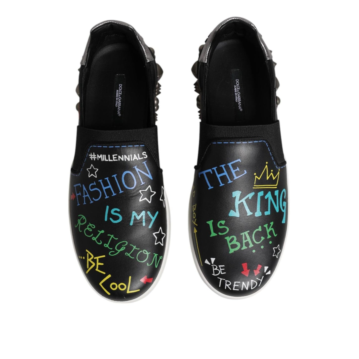 Dolce & Gabbana Black Leather Studded Graffiti Sneakers Shoes