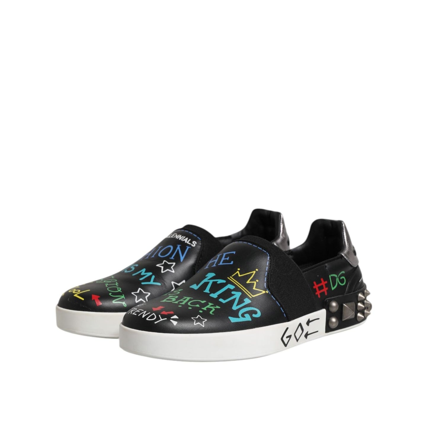 Dolce & Gabbana Black Leather Studded Graffiti Sneakers Shoes