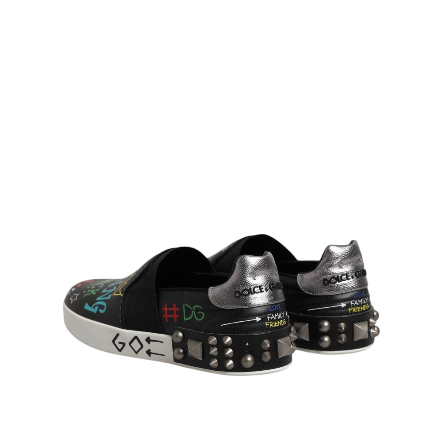 Dolce & Gabbana Black Leather Studded Graffiti Sneakers Shoes