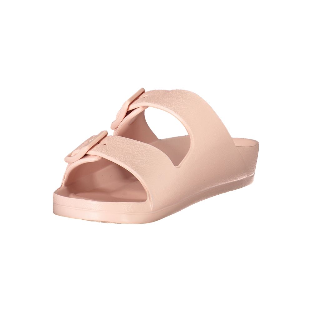 Norway 1963 Pink Plastic Women Sandal with buckles, chic slip-on design, ideal for fashion-forward statements.