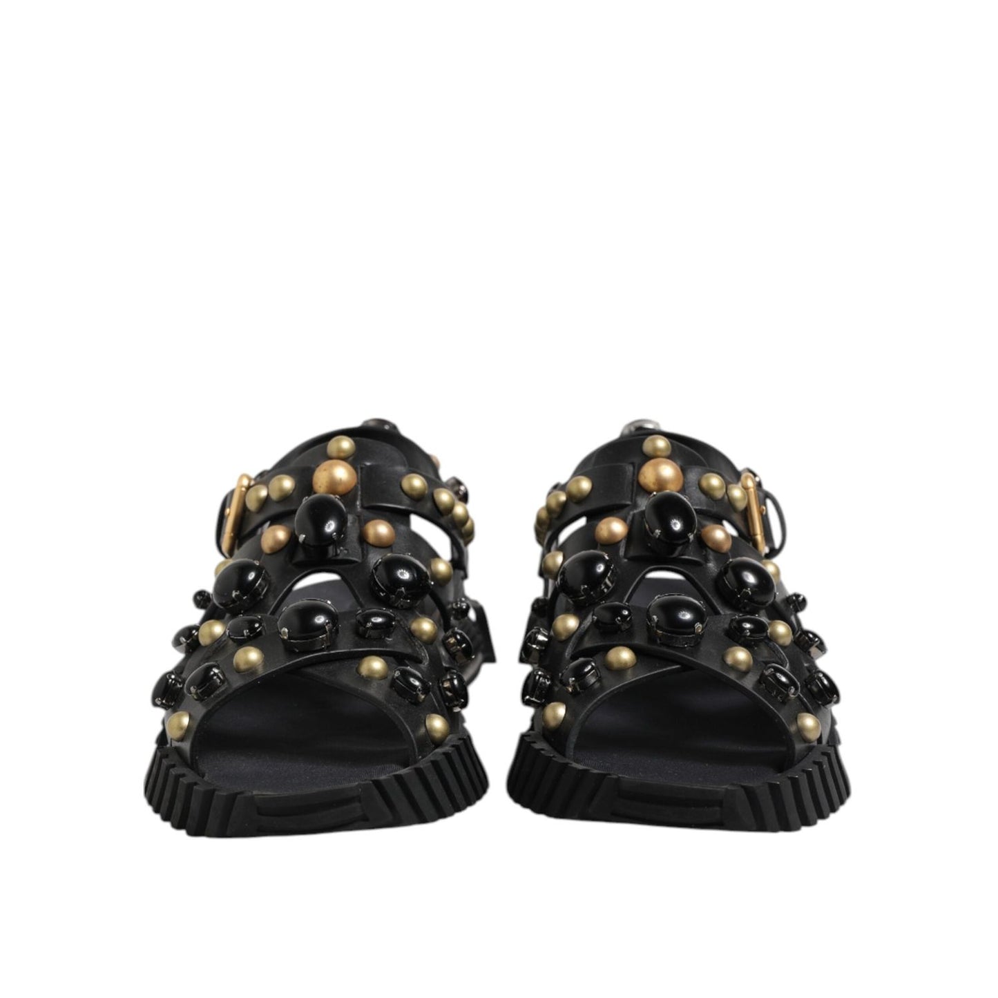 Dolce & Gabbana Black Leather Studded Ankle Strap Sandals Shoes