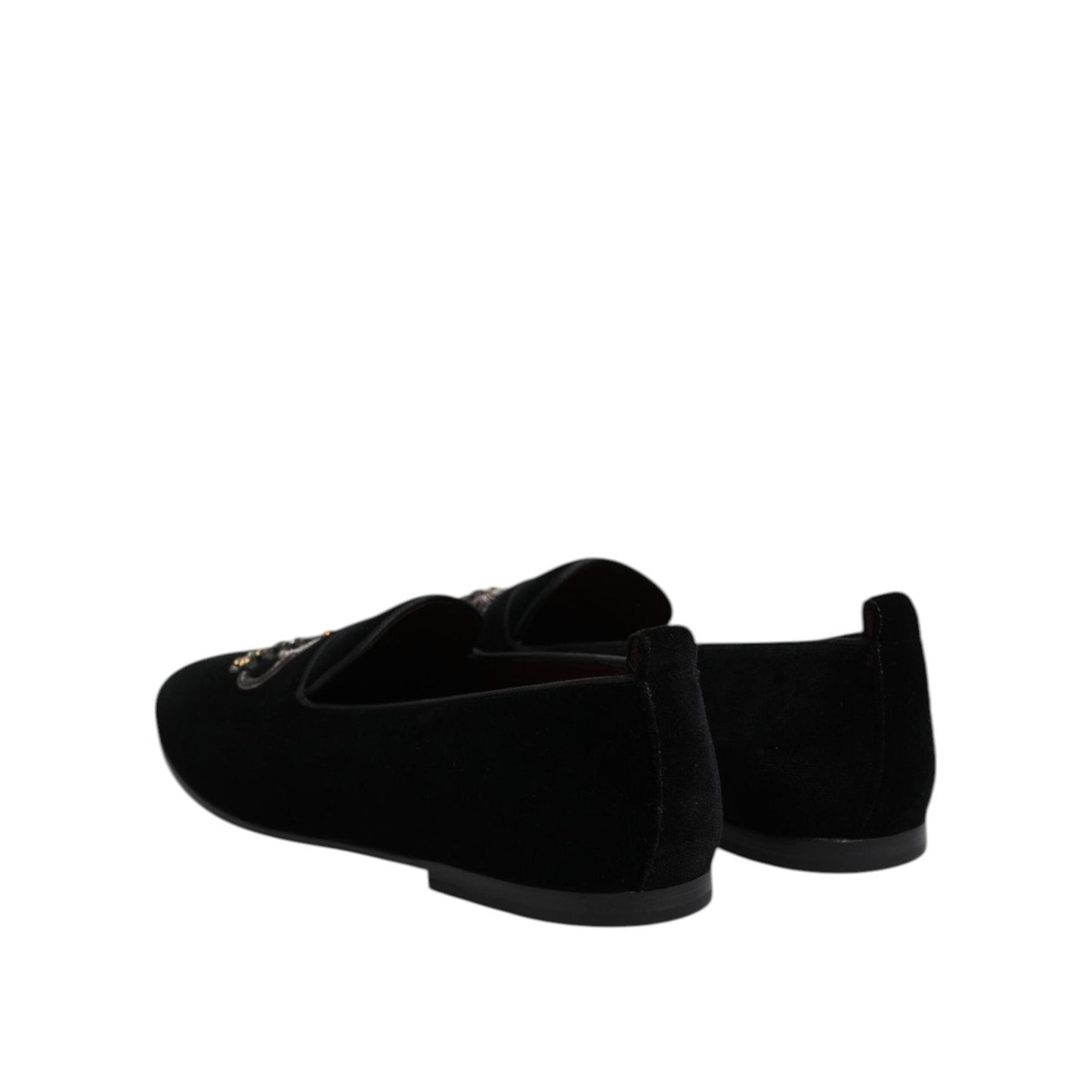 Dolce & Gabbana Black Velvet Crystal Crown Loafers Dress Shoes