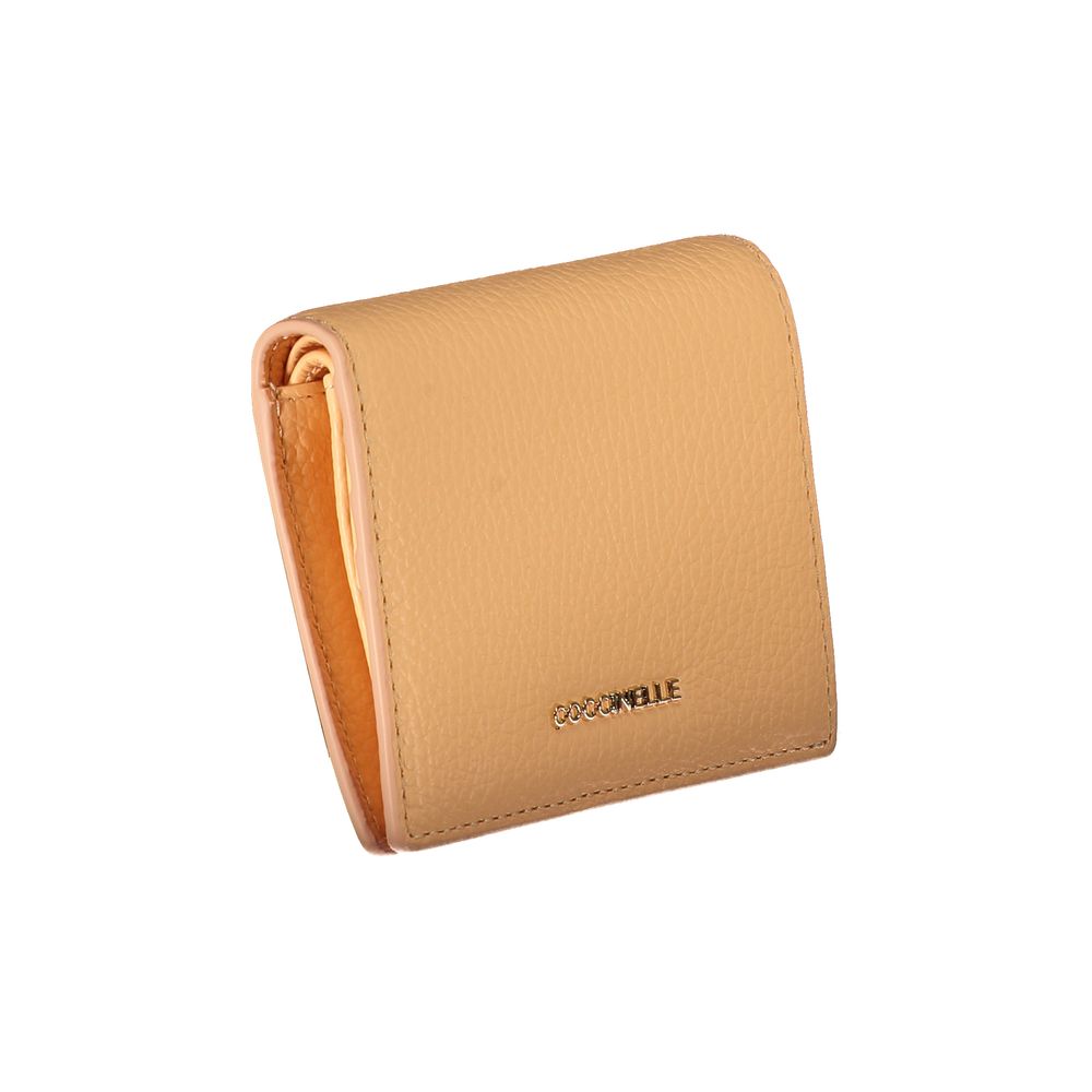 Coccinelle Orange Leather Wallet with compartments, coin purse, card slots, automatic closure, and logo.