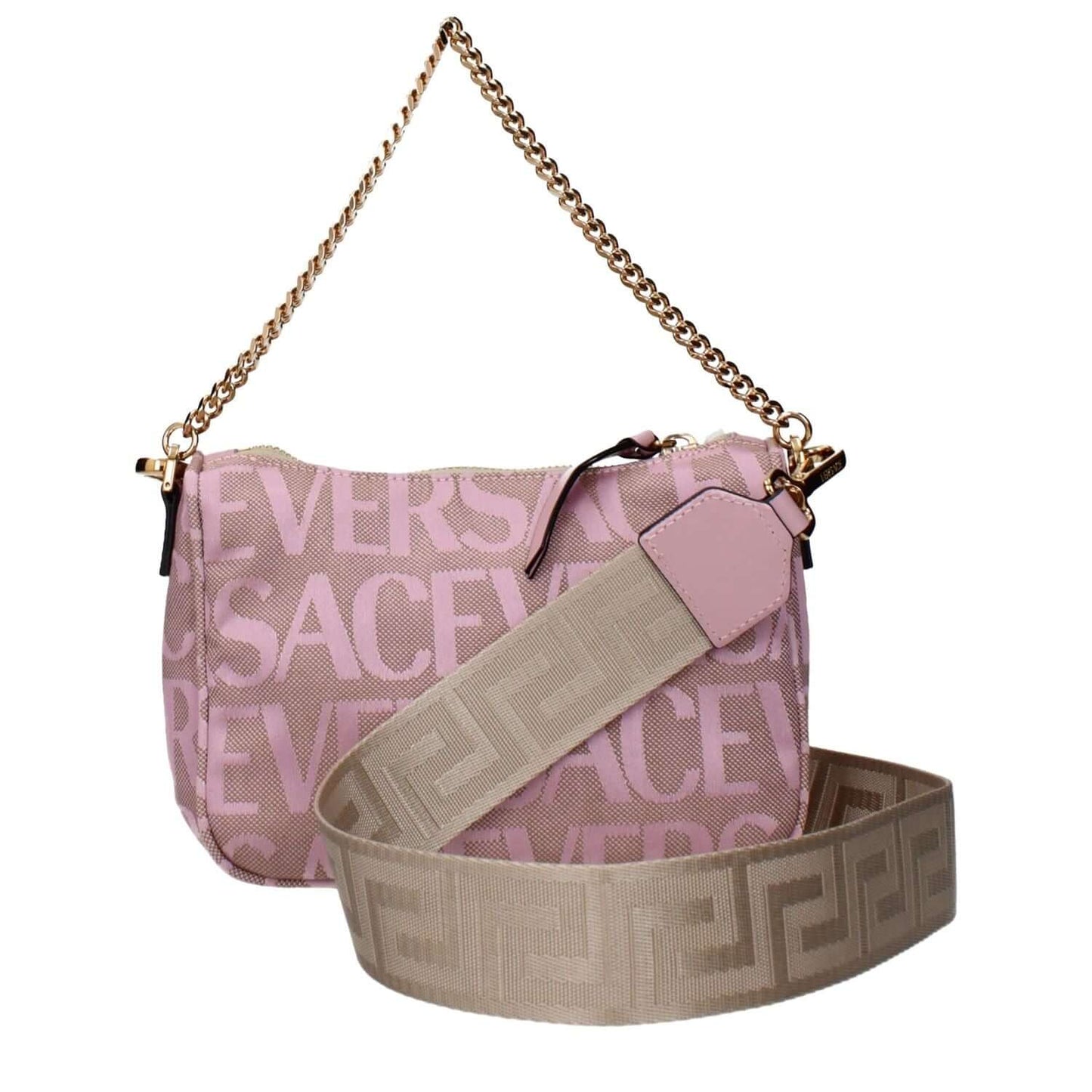Versace Pink Fabric Handbag with logo and removable shoulder strap, featuring gold chain detail and unique design.
