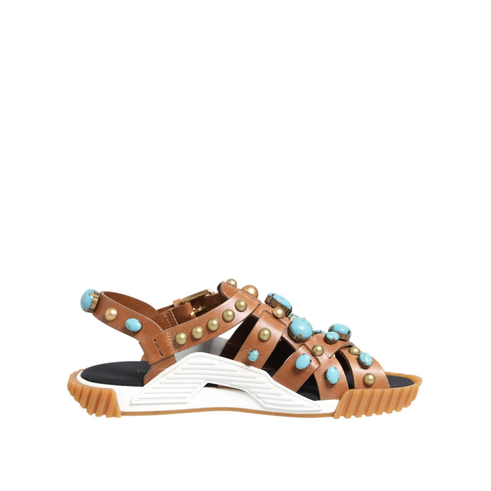 Dolce & Gabbana Brown Leather Studded Slides Sandals Shoes MV7798-42.5