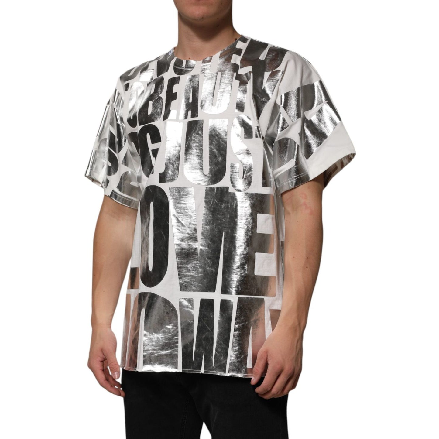 Dolce & Gabbana White Cotton Silver Metallic Slogan Print T-shirt TSH90590-M