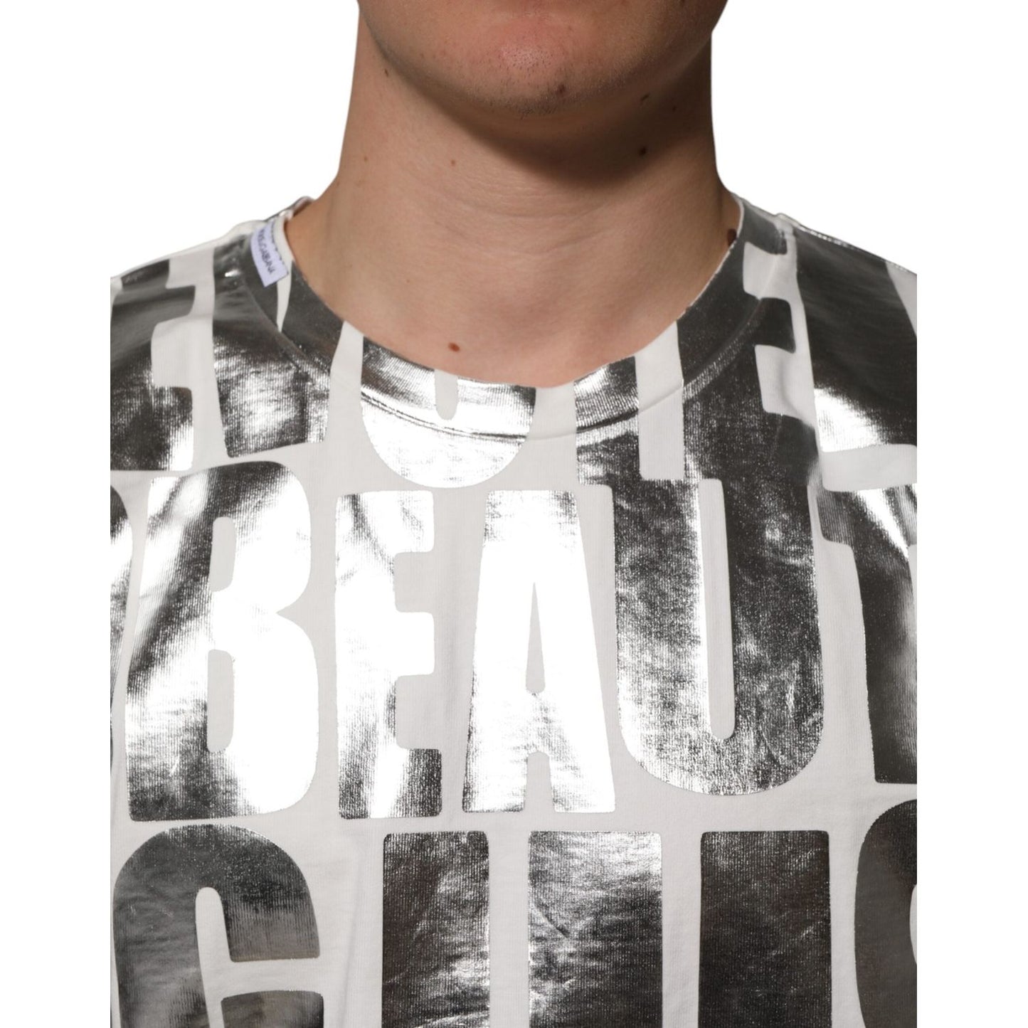 Dolce & Gabbana White Cotton Silver Metallic Slogan Print T-shirt TSH90590-M