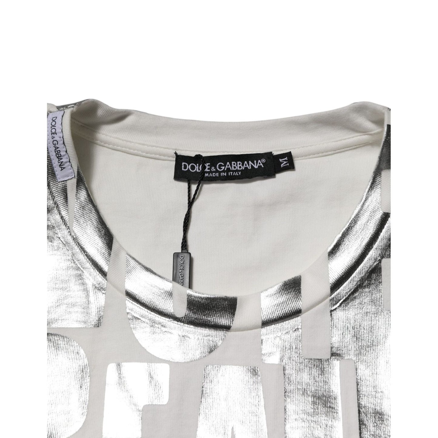 Dolce & Gabbana White Cotton Silver Metallic Slogan Print T-shirt TSH90590-M