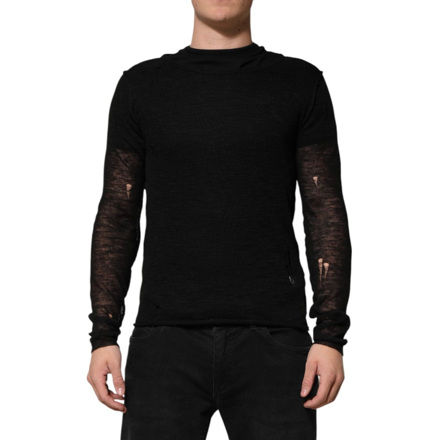 Dolce & Gabbana Black Linen Mesh Tattered Longsleeves T-shirt TSH91263-48