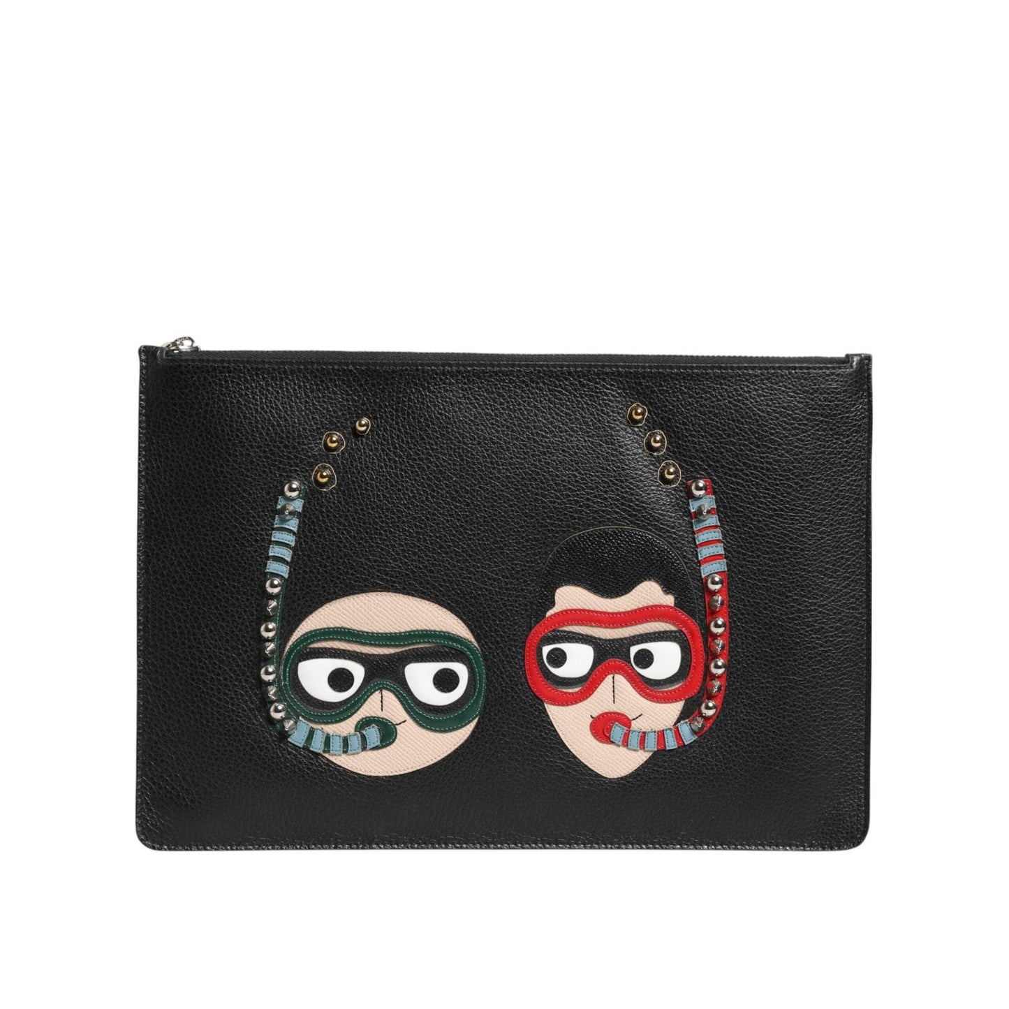 Dolce & Gabbana Black Leather #DGFAMILY Embellished Men Clutch Pouch Bag BAG4655