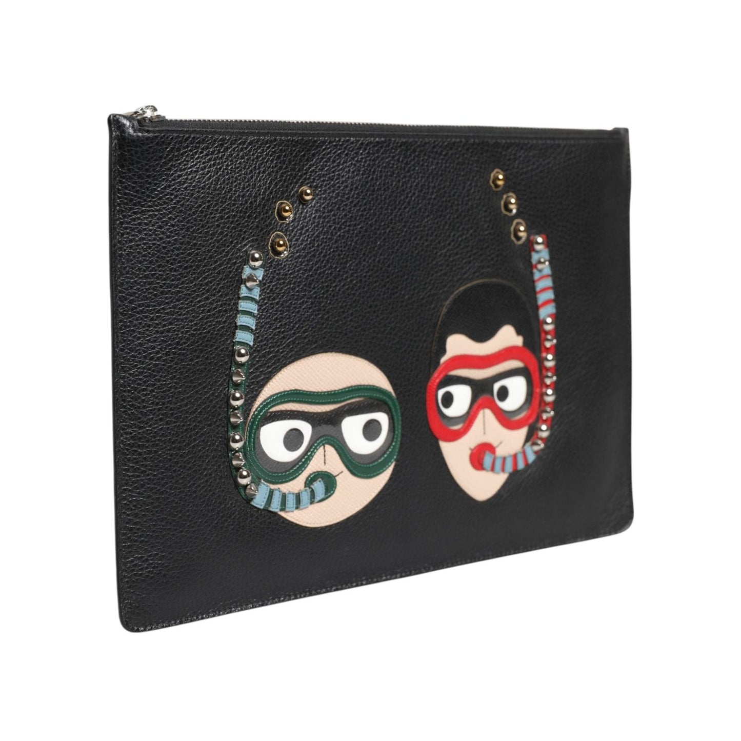 Dolce & Gabbana Black Leather #DGFAMILY Embellished Men Clutch Pouch Bag BAG4655
