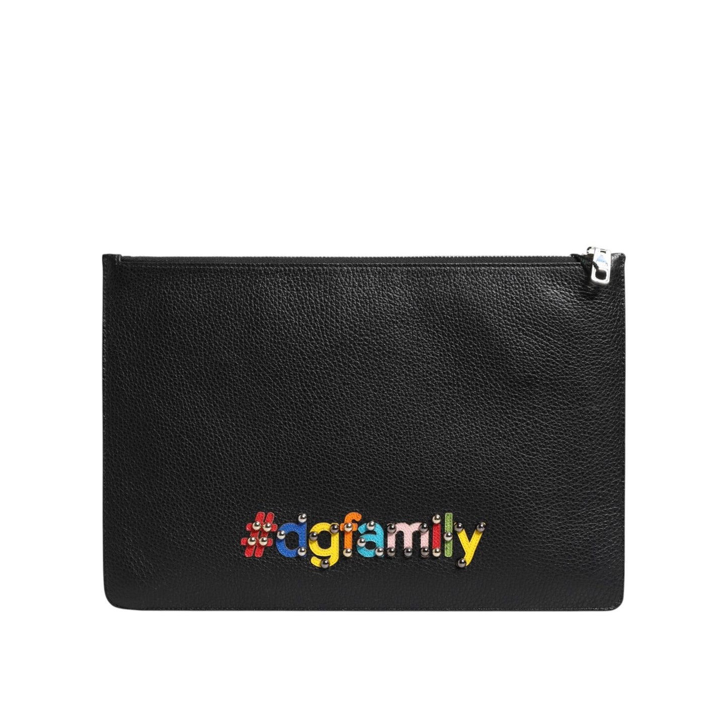 Dolce & Gabbana Black Leather #DGFAMILY Embellished Men Clutch Pouch Bag BAG4655