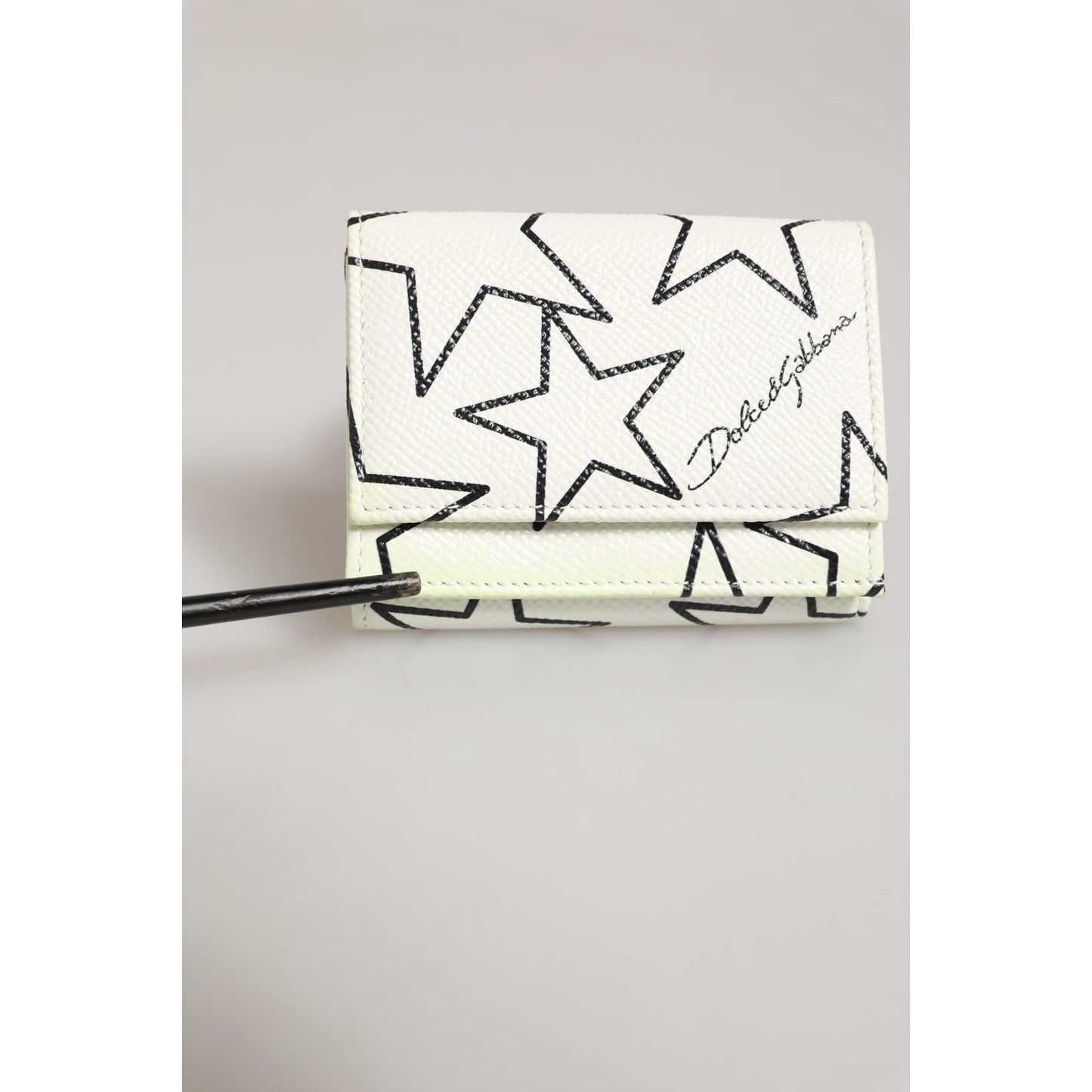Dolce & Gabbana White Leather Black Star Print Trifold Card Holder Wallet