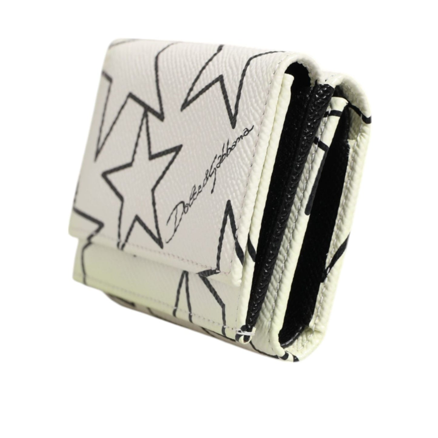 Dolce & Gabbana White Leather Black Star Print Trifold Card Holder Wallet