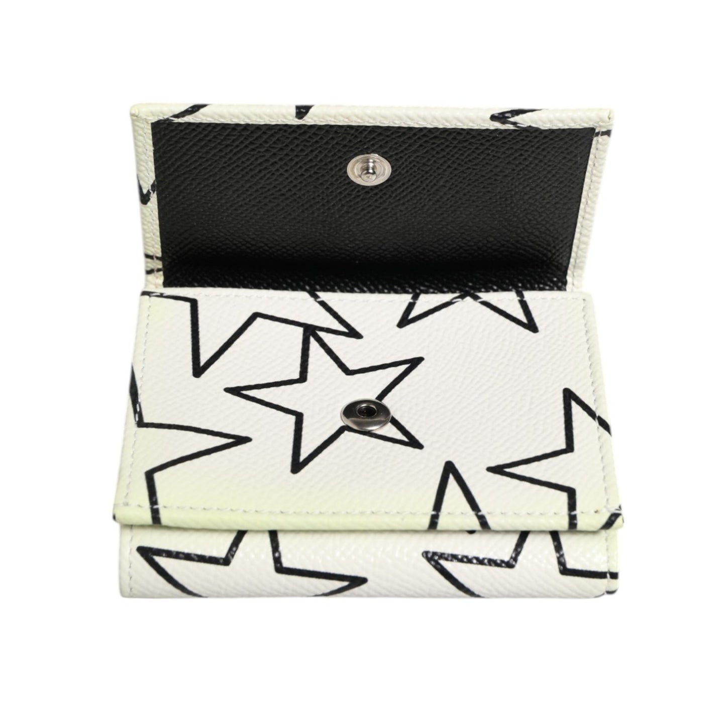 Dolce & Gabbana White Leather Black Star Print Trifold Card Holder Wallet