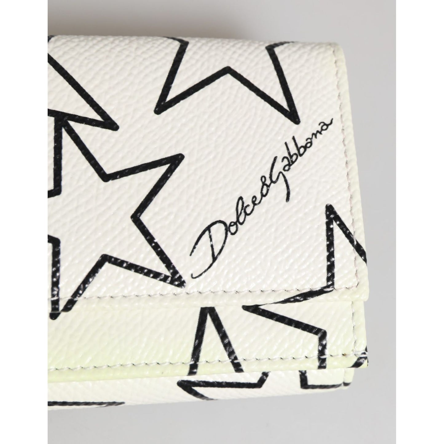Dolce & Gabbana White Leather Black Star Print Trifold Card Holder Wallet