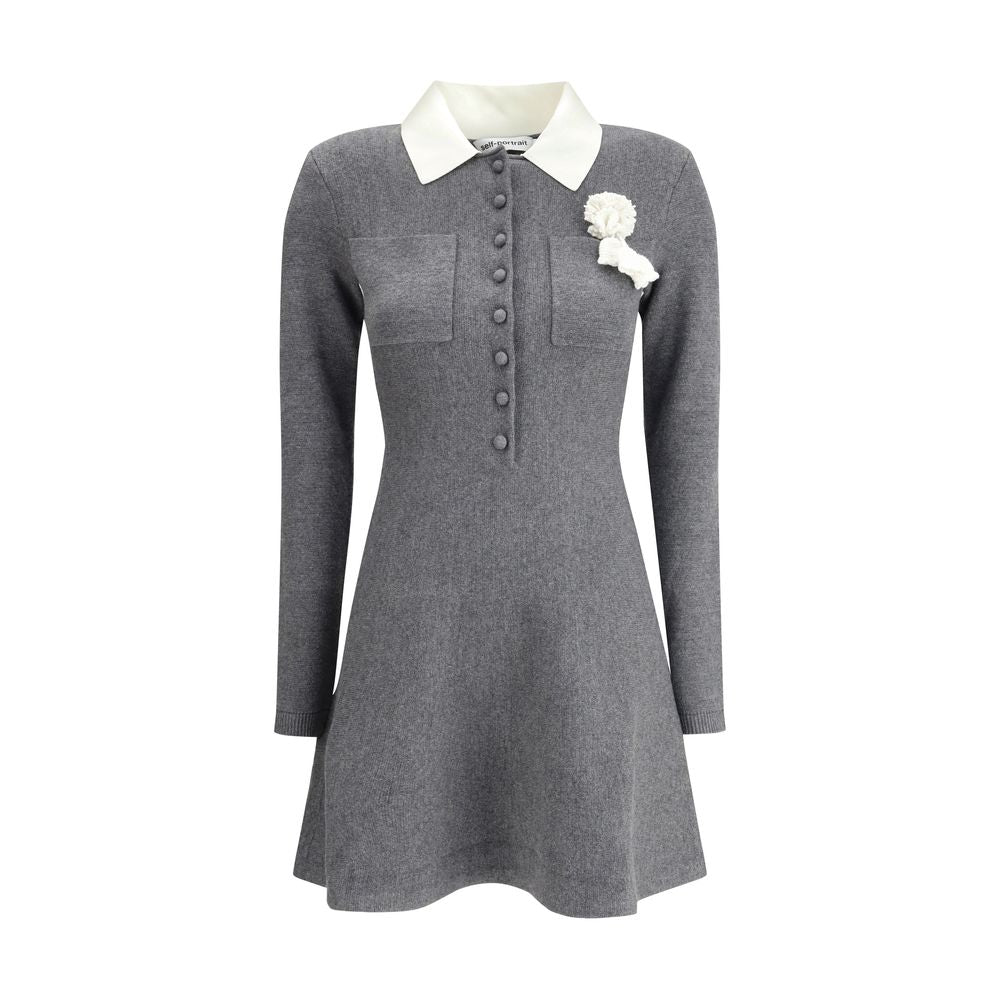 Self-Portrait Mini knit Dress with crochet floral collar SE-AW25010SAGRGREY-M
