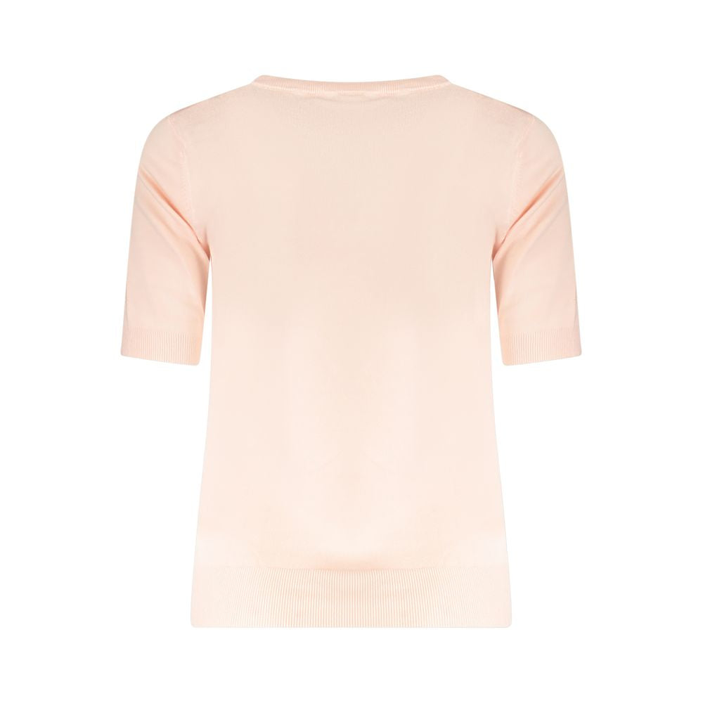 Back view of Guess Jeans Pink Viscose Sweater with short sleeves and contrasting details.