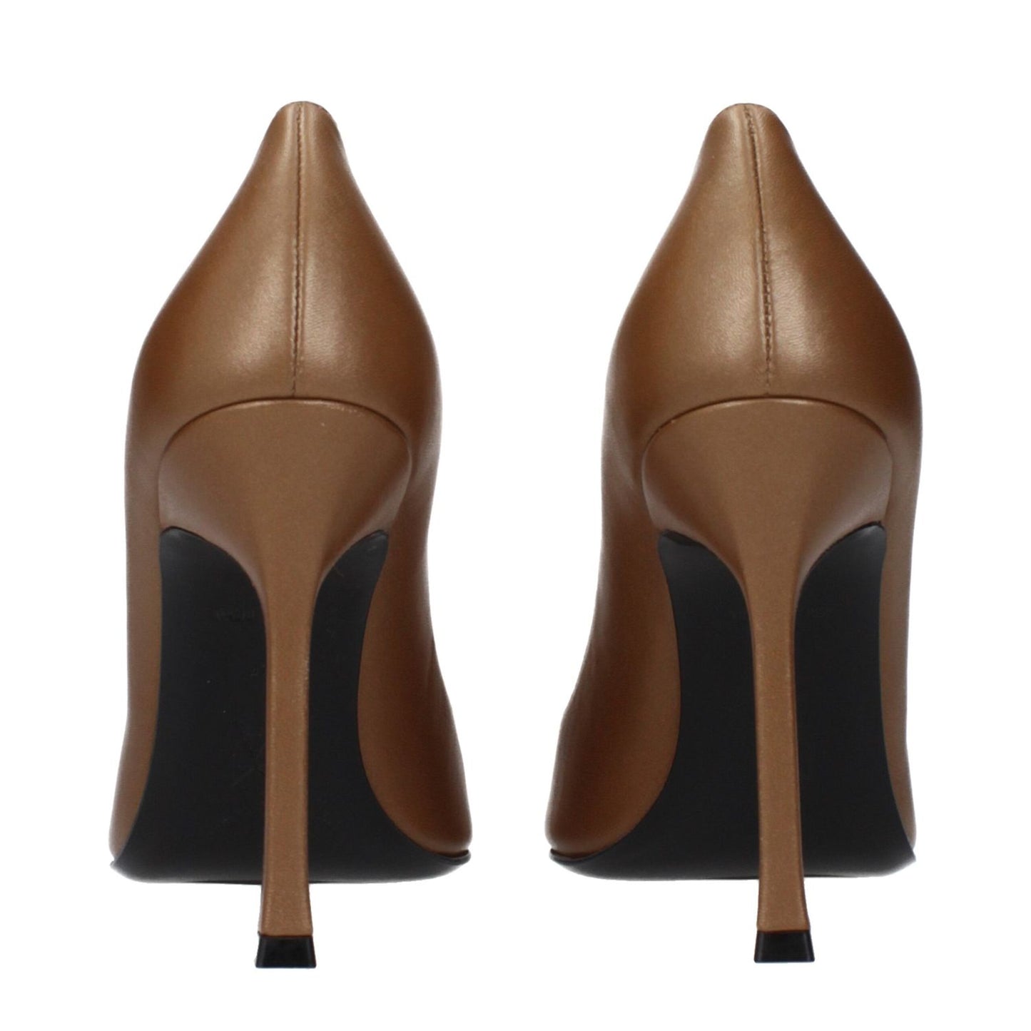 Alt Tag: Back view of Amina Muaddi Brown Leather High Heel Pumps showing sleek design and high stiletto heel.