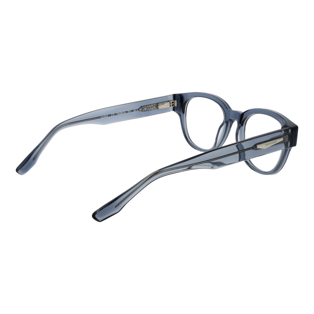 Trussardi Blue Acetate Glasses (Frames) full-rim panto style, acetate construction, blue color, demo lenses, stylish design for men.