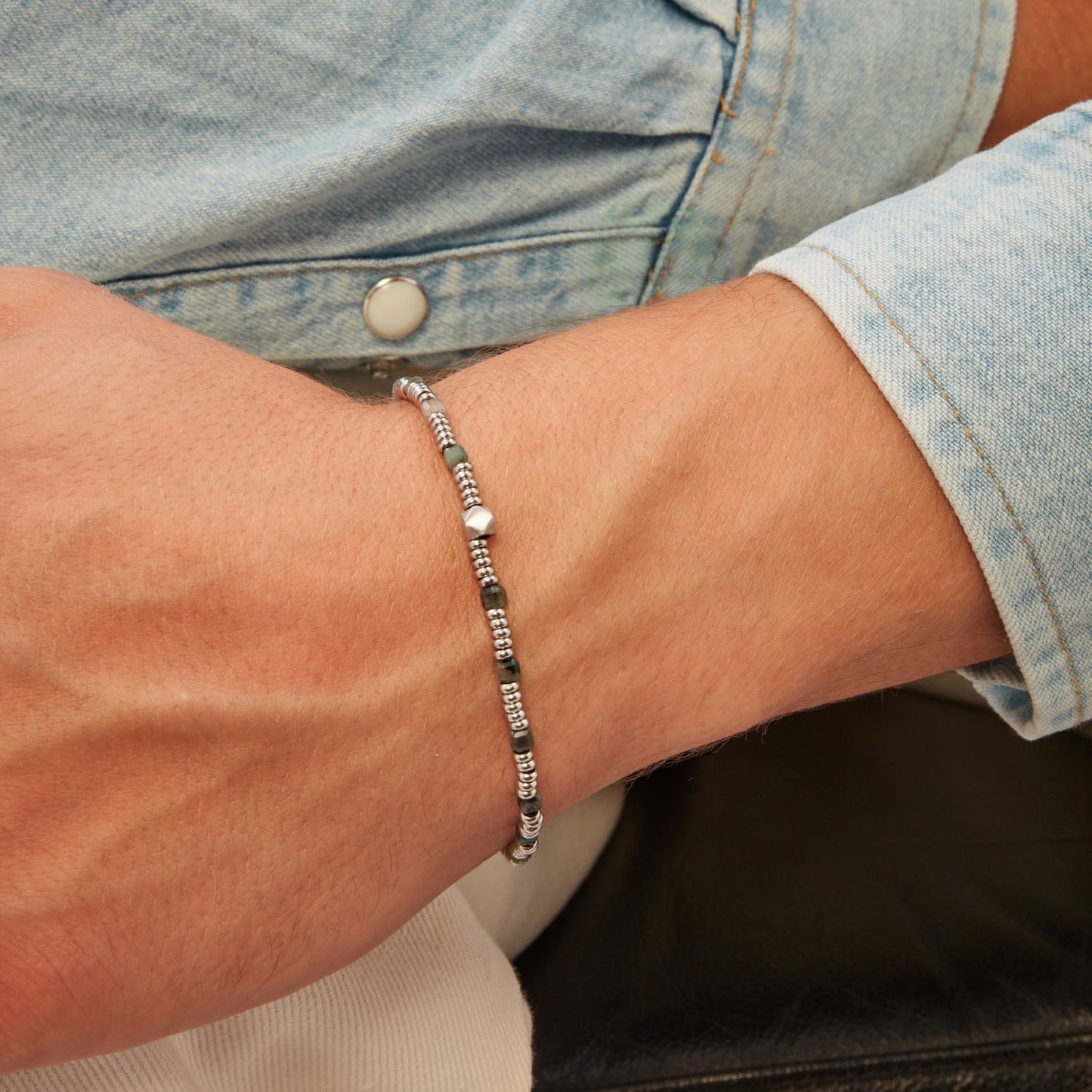 Gent wearing BREIL JEWELS Mod. TJ3647 bracelet, silver 925°, quartz analog chronograph, in official box, 32mm case, water resistant 5 ATM