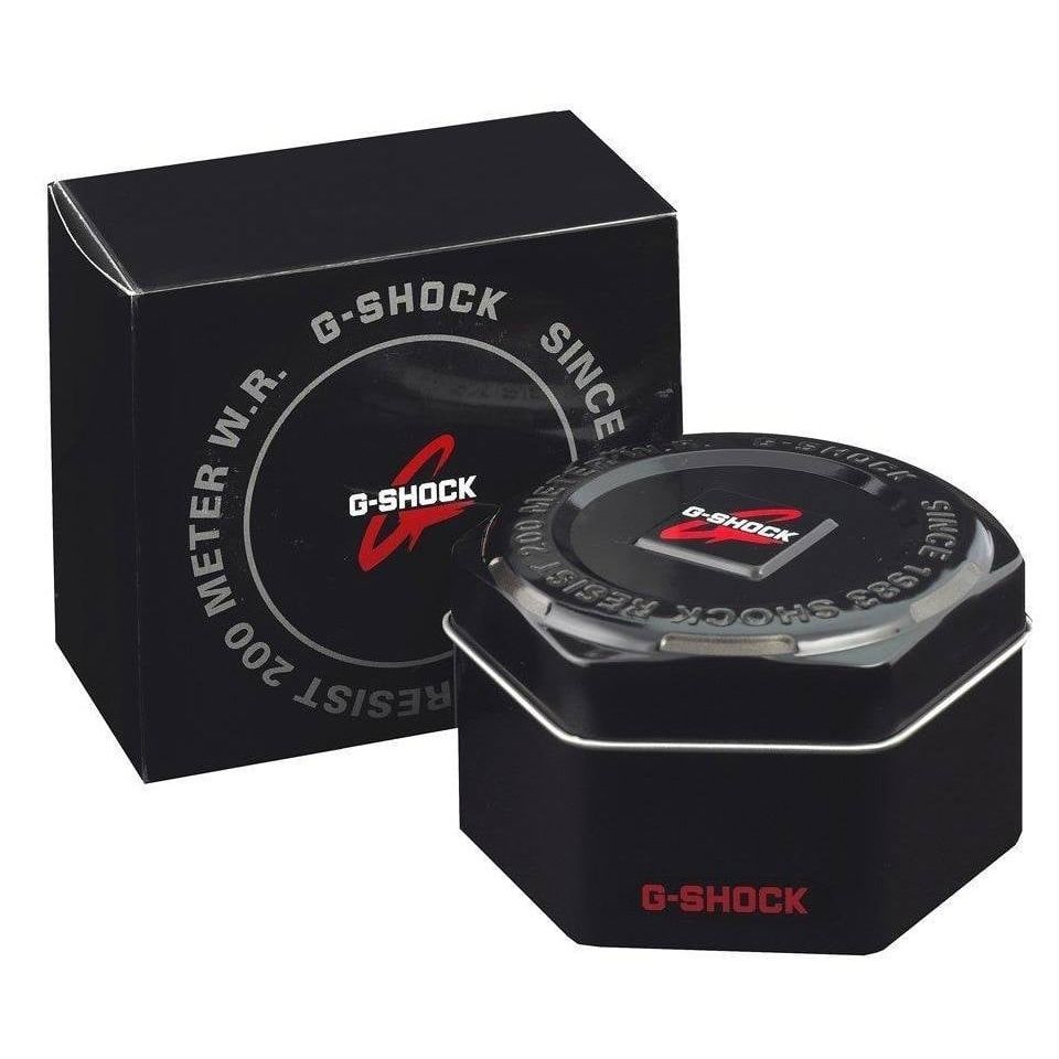 Official packaging of CASIO G-SHOCK MASTER OF G Mod. THE ORIGIN FUL METAL watch showcasing resistant features.