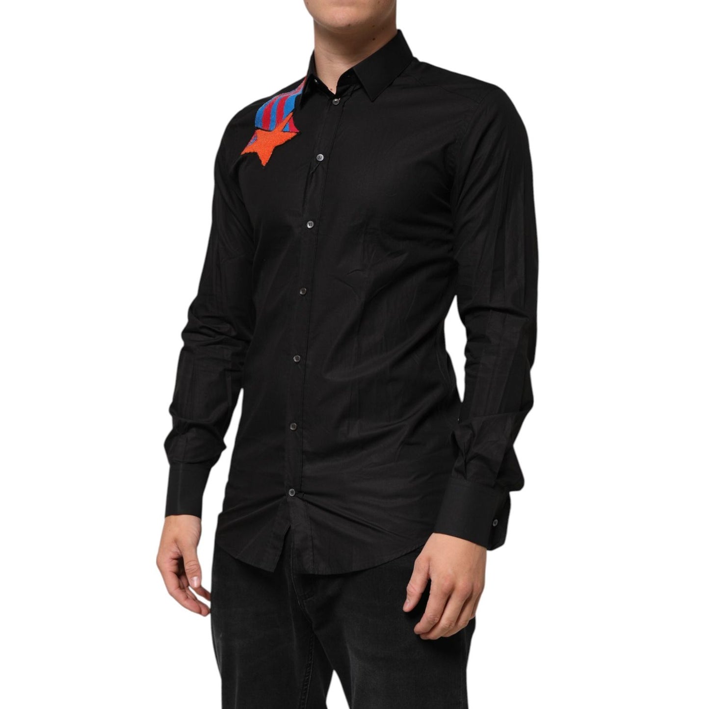 Dolce & Gabbana Black Cotton Star Sequin Dress Formal Men Shirt TSH91257-39