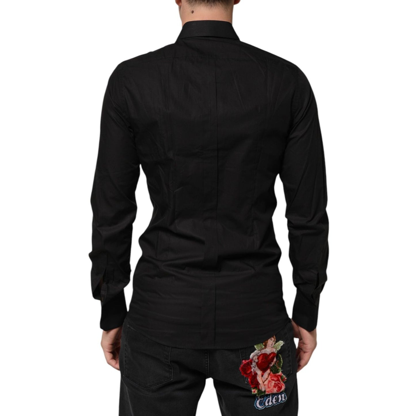 Dolce & Gabbana Black Cotton Star Sequin Dress Formal Men Shirt TSH91257-39