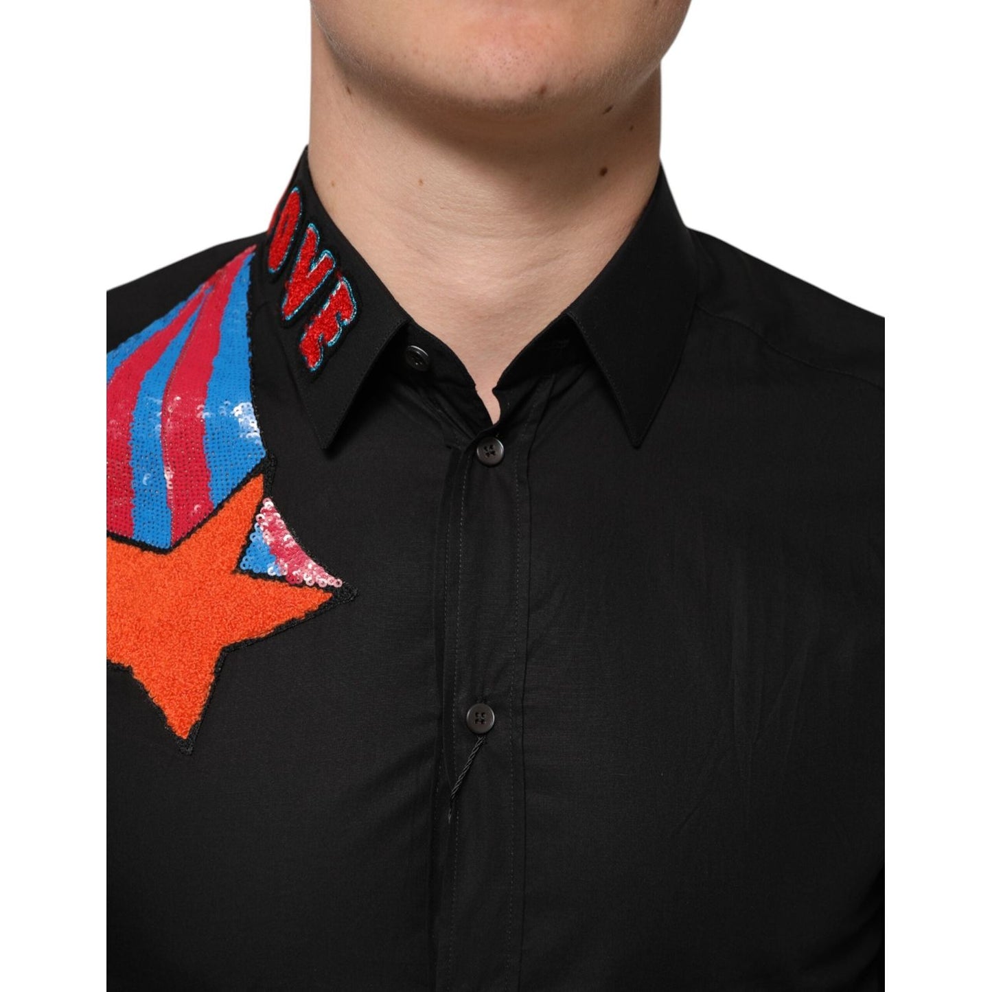 Dolce & Gabbana Black Cotton Star Sequin Dress Formal Men Shirt TSH91257-39