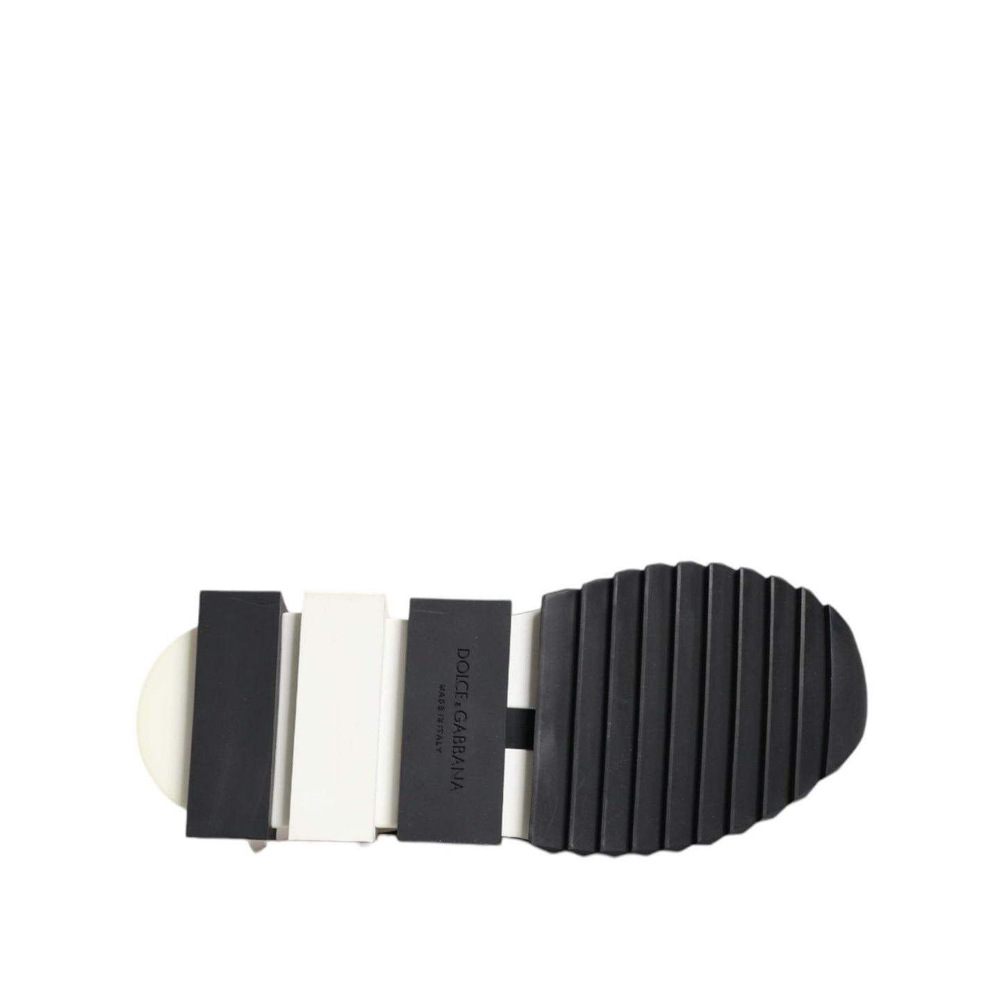 Sole of Dolce & Gabbana Black White Sorrento Low Top Sneakers Shoes with logo detail, showcasing Italian craftsmanship, rubber sole.