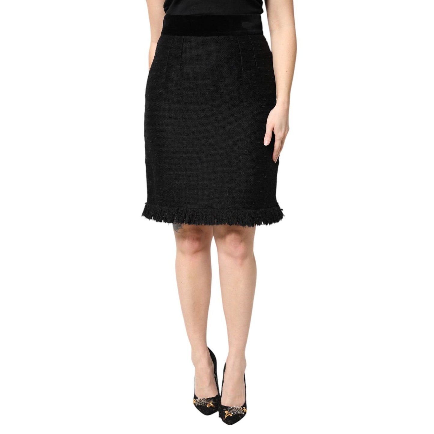 Dolce & Gabbana Black Wool Fringe High Waist Pencil Mini Skirt SKI2075-44