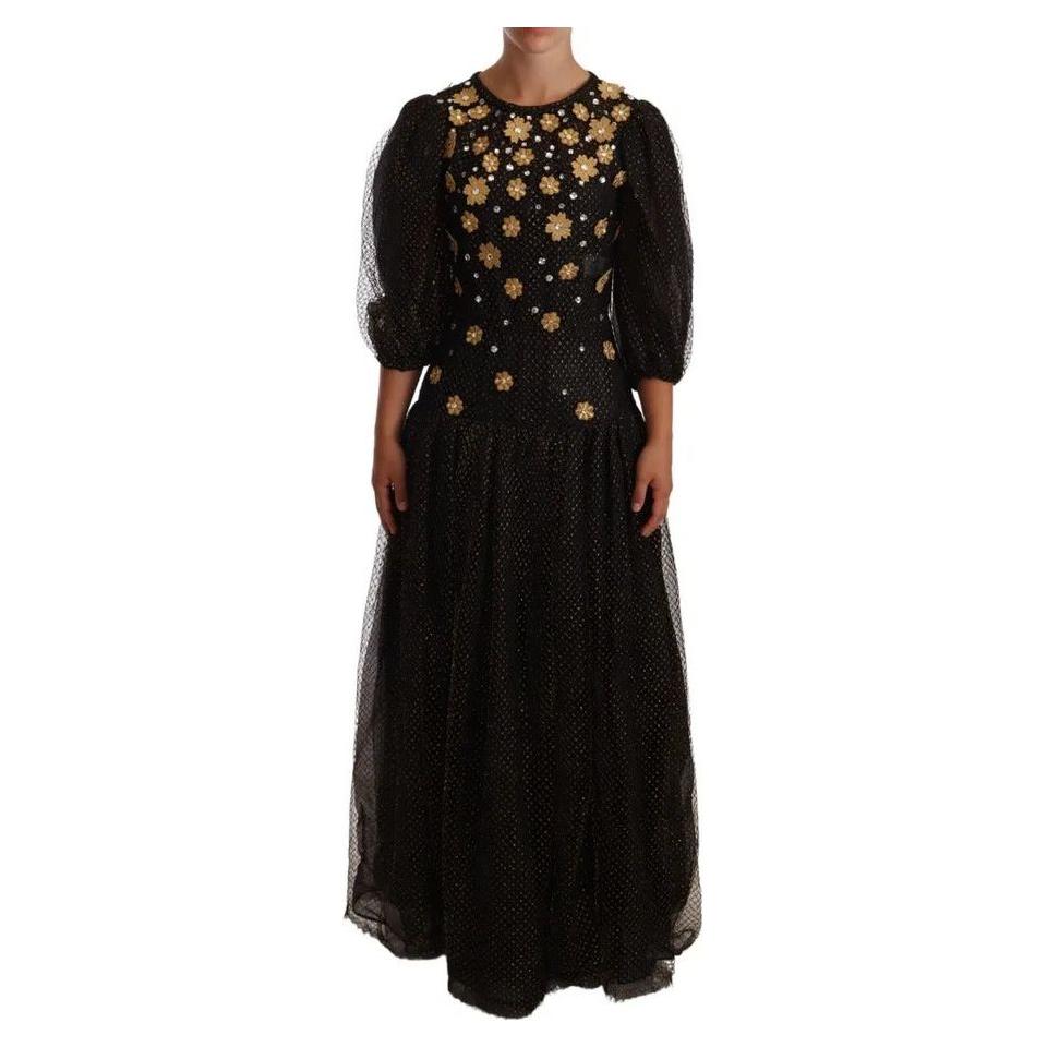 Dolce & Gabbana Black Crystal Floral Maxi Ball Gown Dress DR28244-40