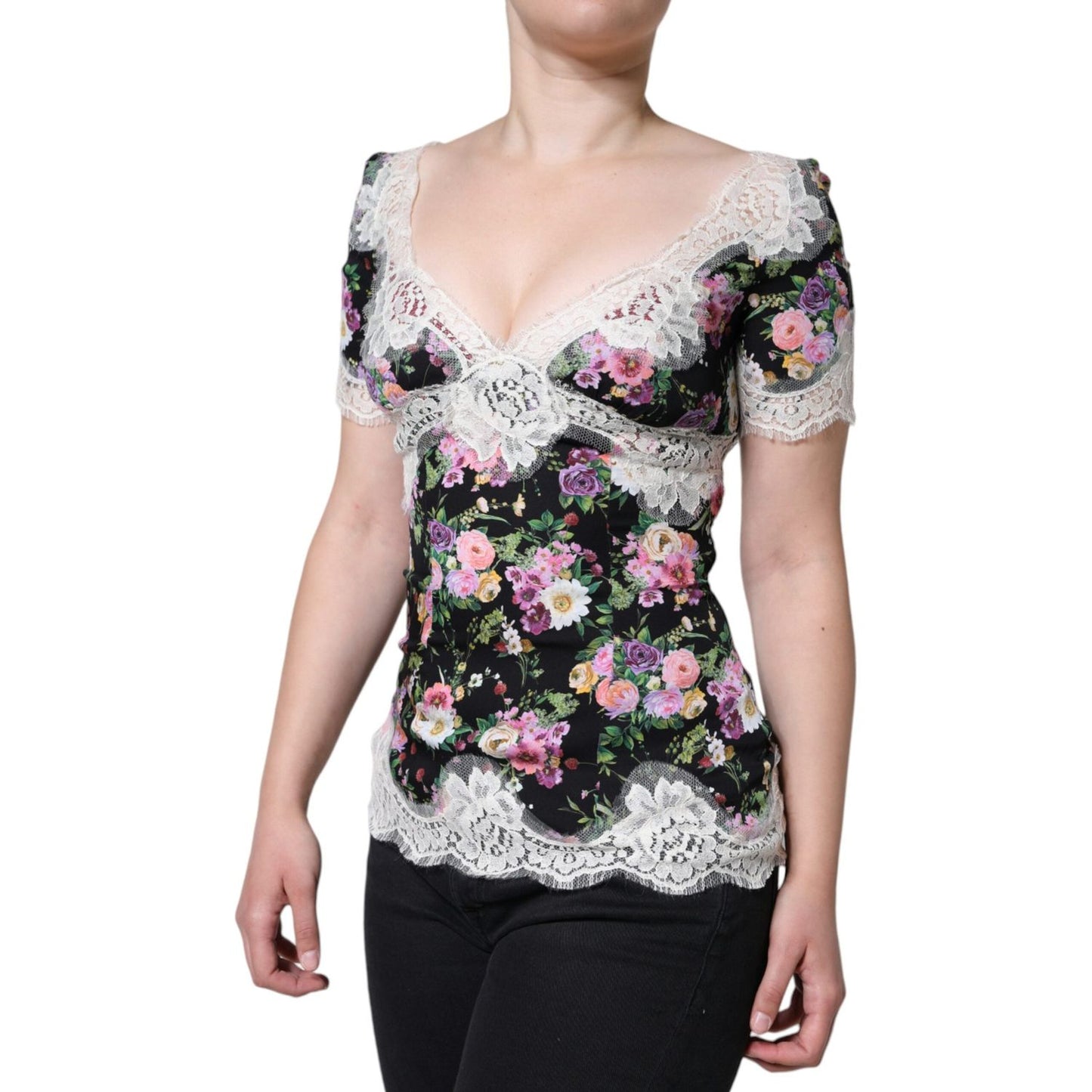 Dolce & Gabbana Black Floral Lace Short Sleeves Blouse Top TSH86564-40